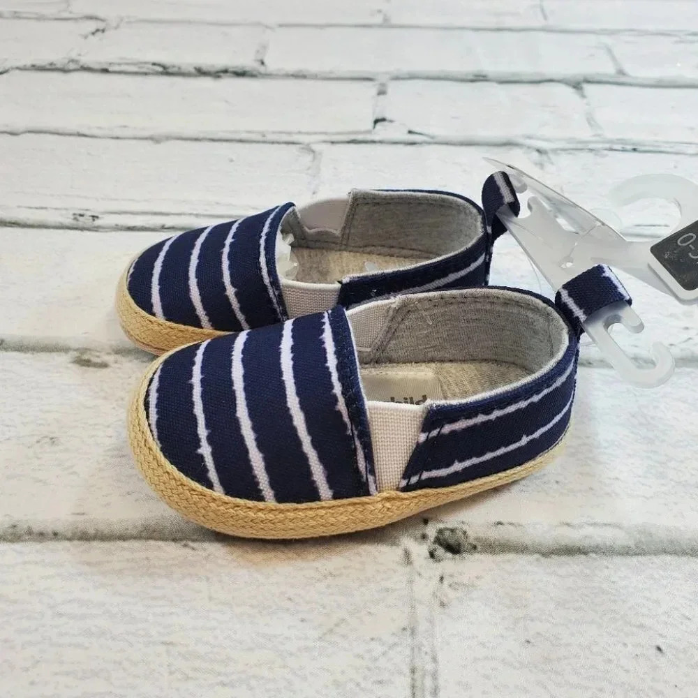 INFANT Blue and White Stripe Soft Sole Baby Shoes.